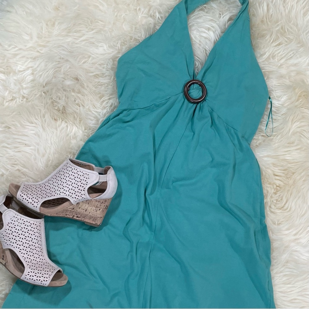 Women’s Teal Halter Midi Dress - Sleeveless V-Neck